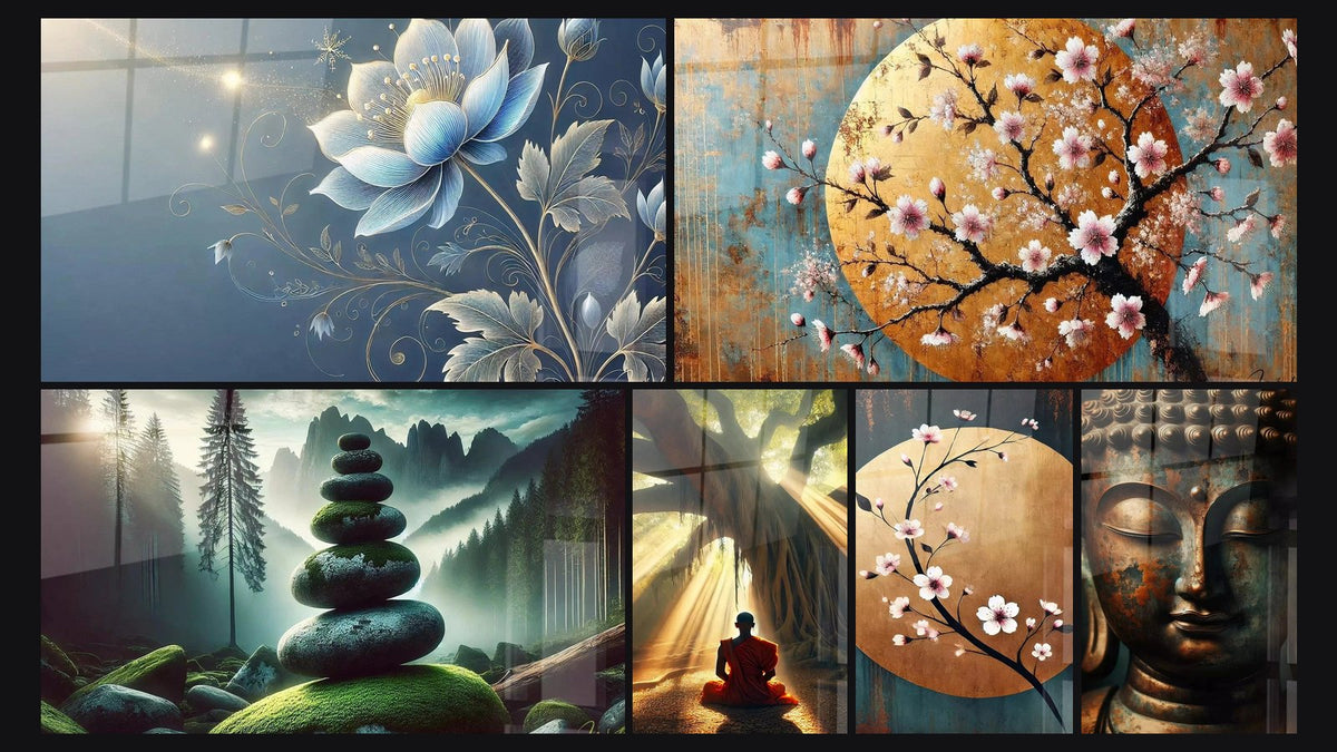 Mosaic of six paintings, including Flower of Light, Forest Balance and Floral Softness