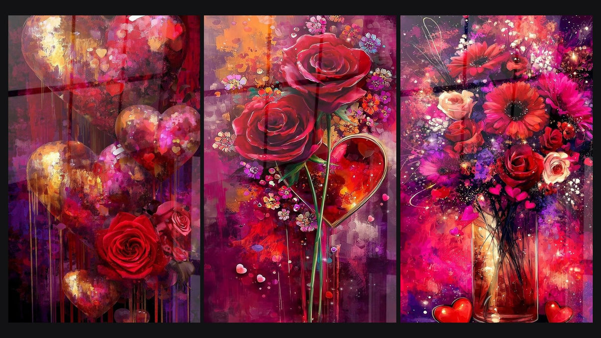 Mosaic of three paintings: Heart Love Potion, Rose Love Vow and Bouquet Floral Serenades