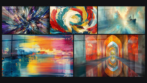 Mozaïek van vijf schilderijen, waaronder Stralende Fractals, Kleurrijk abstract en Glinsterende Gewelven Vermiljoen