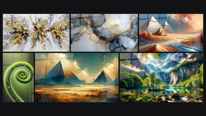 Mozaïek van zes schilderijen, waaronder Blauwe en Gouden Tinten, Levensspiraaloverzicht en De Mysteriën van het Zand
