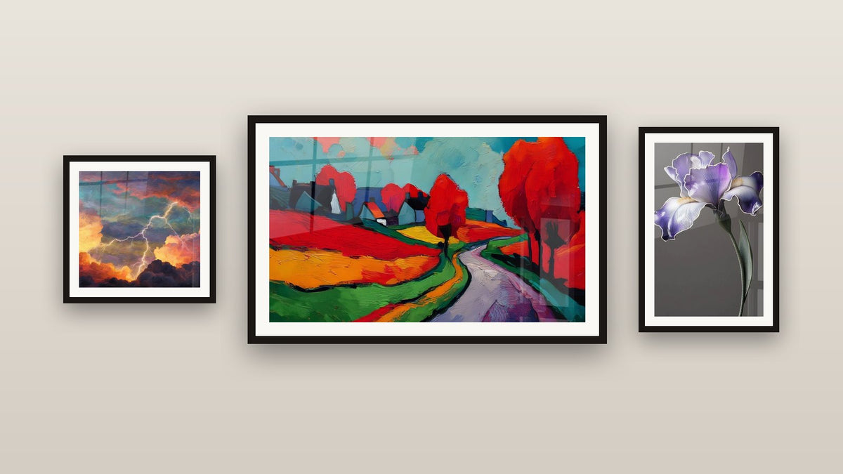 Gallery wall with three framed paintings: Colorful rural landscape, Electrical Storm and Iris Wall Art No. 9