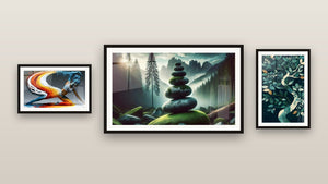 Galerijwand met drie ingelijste schilderijen, waaronder Forest Balance Tafel en Ontwakende lente slang