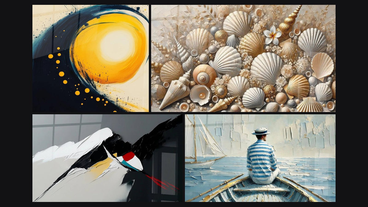 Mosaic of four paintings, including Solar cosmic spiral, Dynamic Abstract Composition and The Art of Water