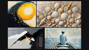 Mosaico de cuatro cuadros, entre ellos Espiral cósmico solar, Composición abstracta dinámica y El Arte del Agua