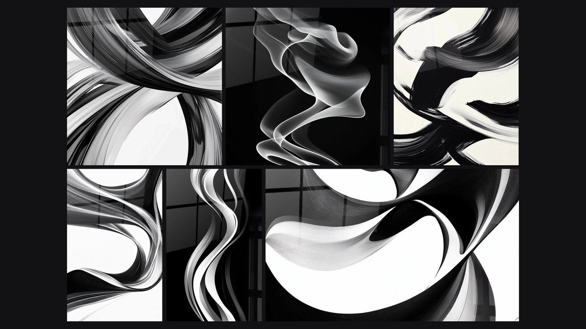 Mosaic of six paintings, including Shadow Fabric, Calm Flame and Black Foam