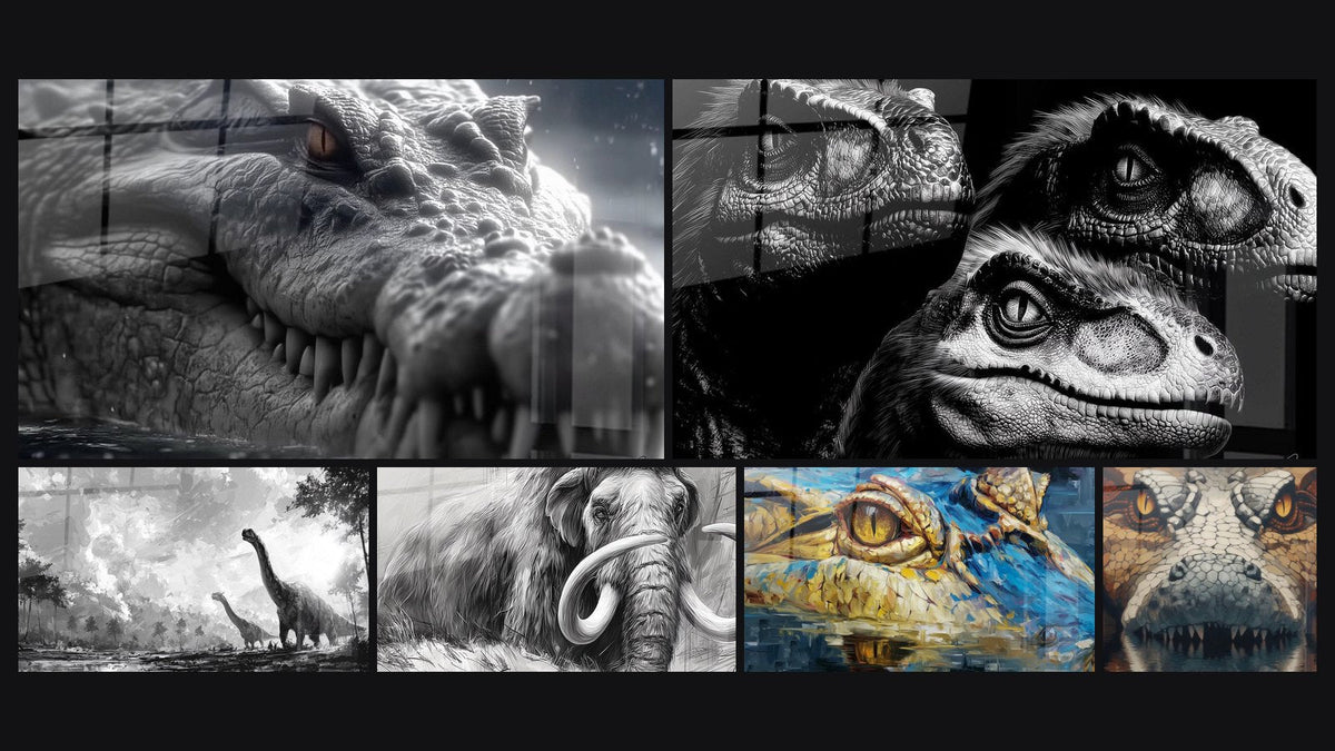 Mosaïque de six tableaux, dont Crocodile Préhistorique, Trois Dinosaures Rapaces et Diplodocus en noir et blanc