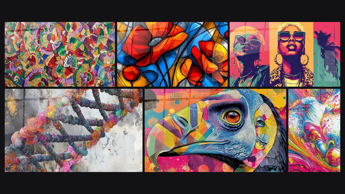 Mosaïque de six tableaux, dont Abstrait Multicolore, Abstraite de Fleurs Stylisées Multicolores et ADN coloré
