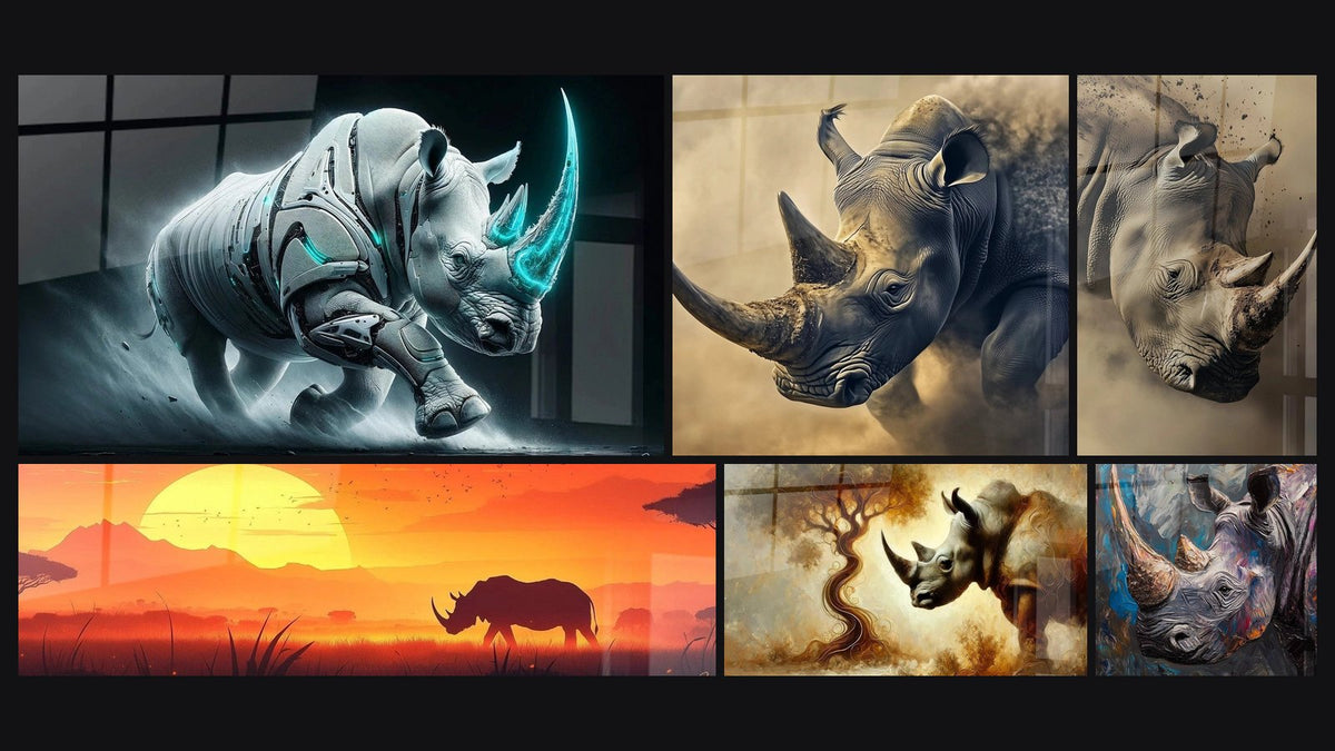 Mosaïque de six tableaux, dont Charge Cybernétique du Rhinocéros, Rhinocéros Colosse tranquille et Rhinocéros force primitive