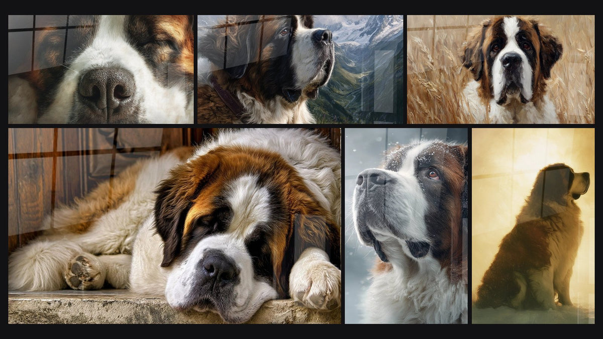 Mosaïque de six tableaux, dont Museau de Chien Gros Plan, Saint Bernard aux Tons Dorés et Saint Bernard Endormi sur le Seuil