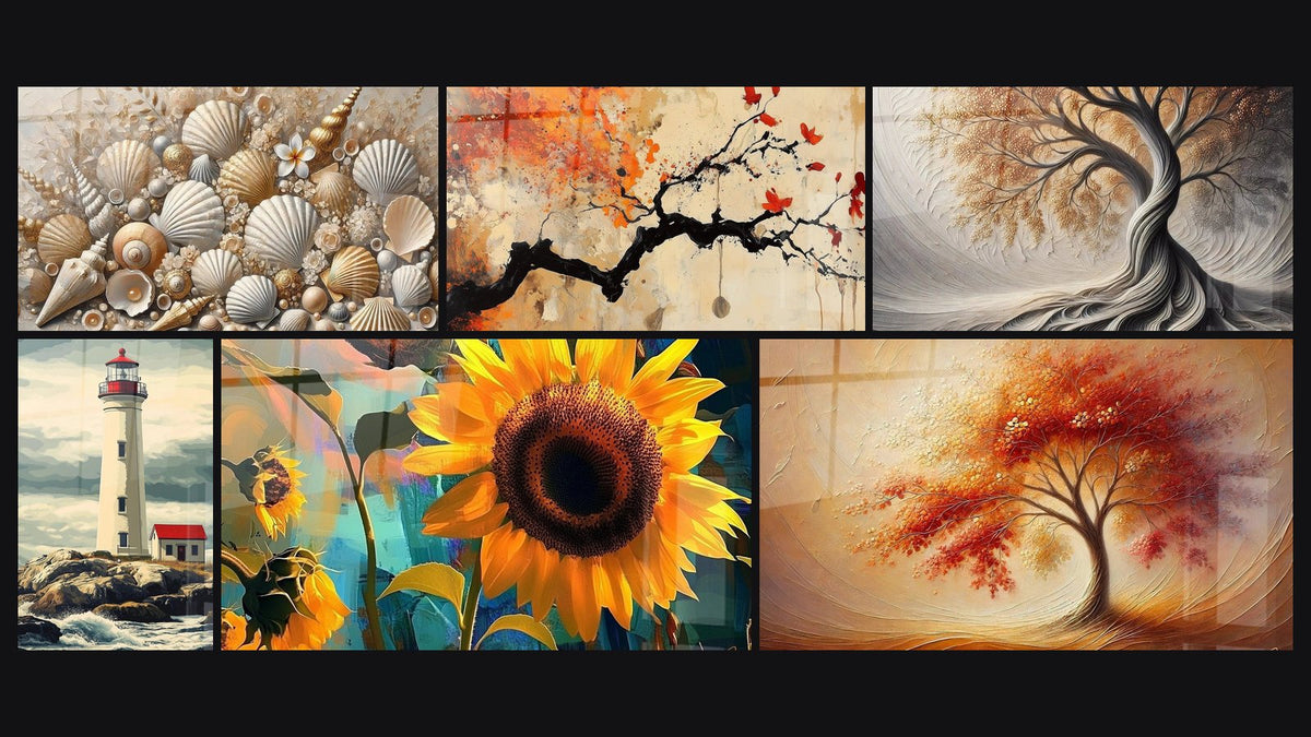 Mosaico di sei quadri, tra cui Gioielli della Sabbia, Faro N°3 e Girasole N°1