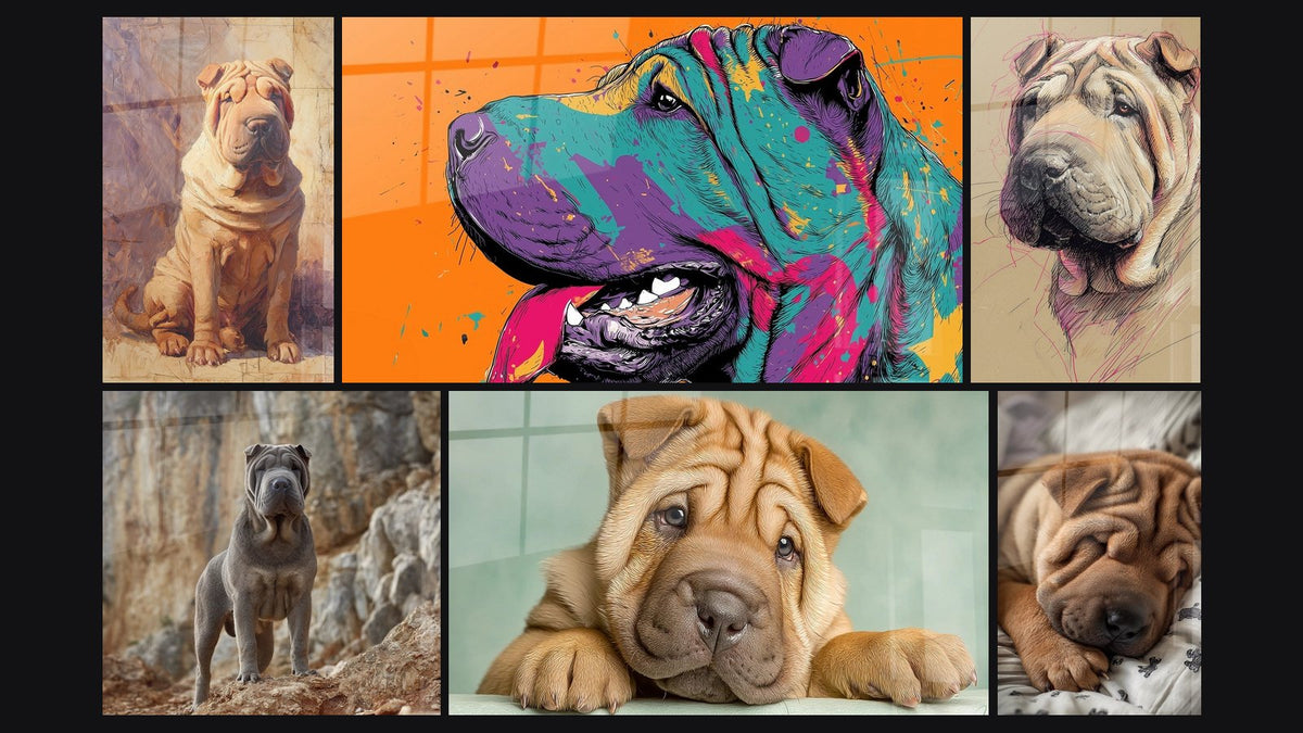 Mosaik aus sechs Gemälden, darunter Sitzender Shar Pei mit goldenen Tönen und Shar Pei Blaugrau Majestätisch auf Felsen