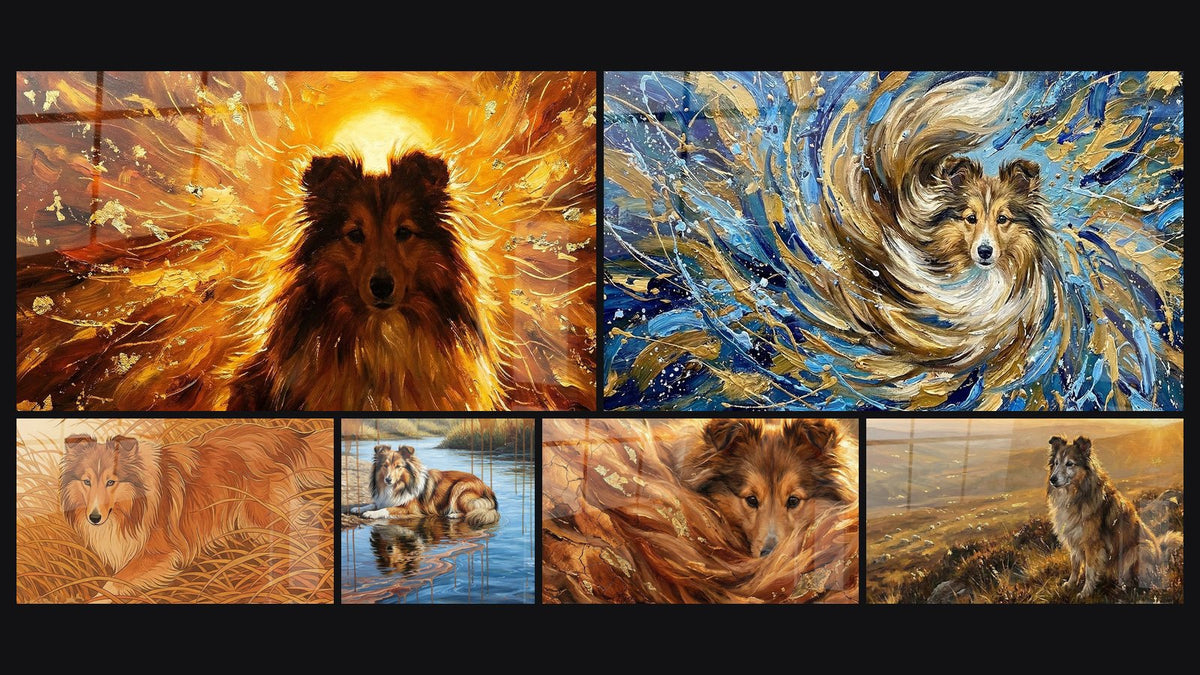 Mosaico de seis cuadros, entre ellos Pastor de Shetland Remolino Dorado y Azul