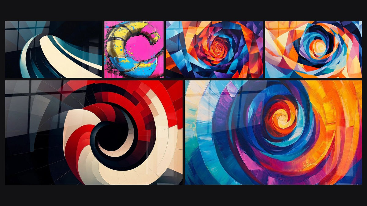 Mosaïque de six tableaux, dont Onde spiralée moderne, Spirale multicolore et Hypnose Géométrique