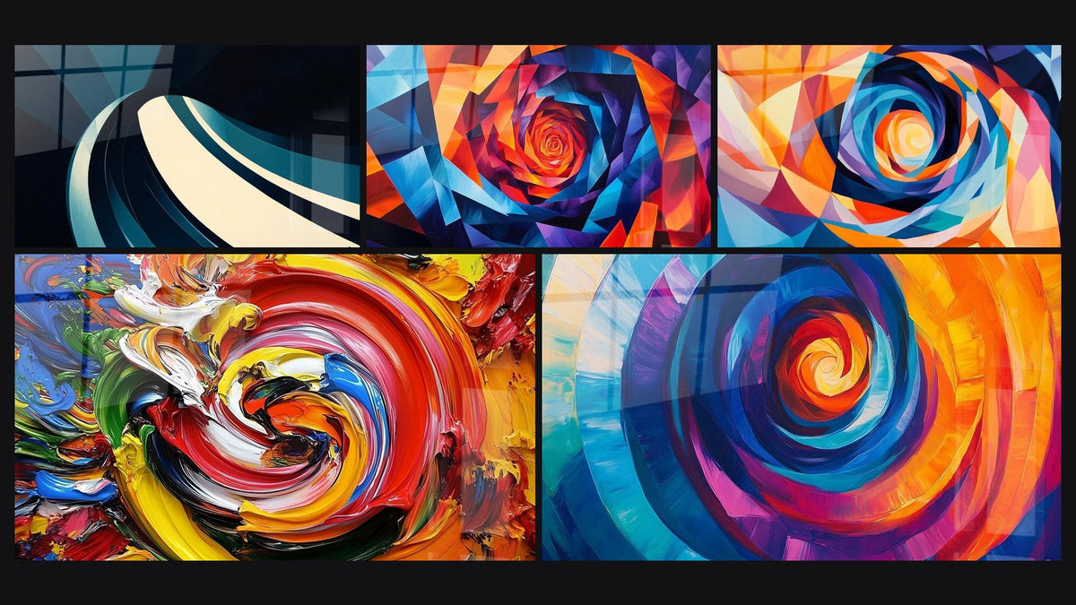 Mosaic of five paintings, including Modern Spiral Wave, Multicolor Spiral and Geometric Hypnosis