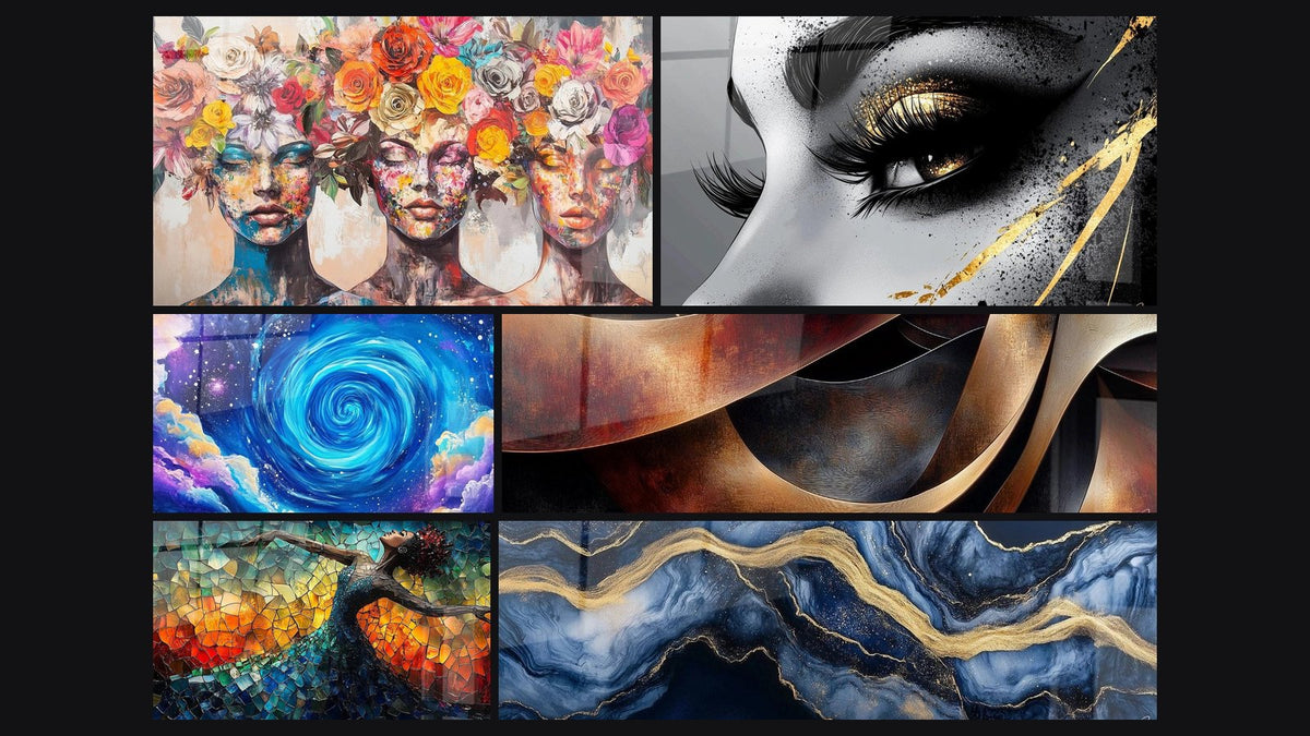Mosaico de seis cuadros, entre ellos Las Musas Florecientes, Espiral cósmica azul y Ojo Lágrima de Oro