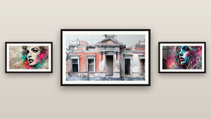 Gallery wall with three framed paintings: Fragments of Identity, Street Art Wall Art No. 1 and Deteriorated Facade