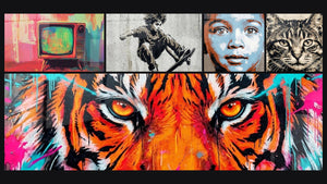 Mosaic of five paintings, including Nostalgic Cathode Ray