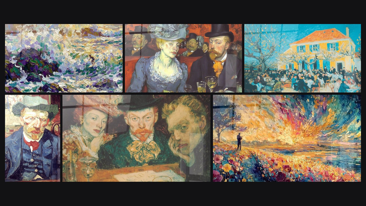 Mosaïque de six tableaux, dont Vagues Impressionnistes, Cabaret nuit parisienne et Portrait touches expressives