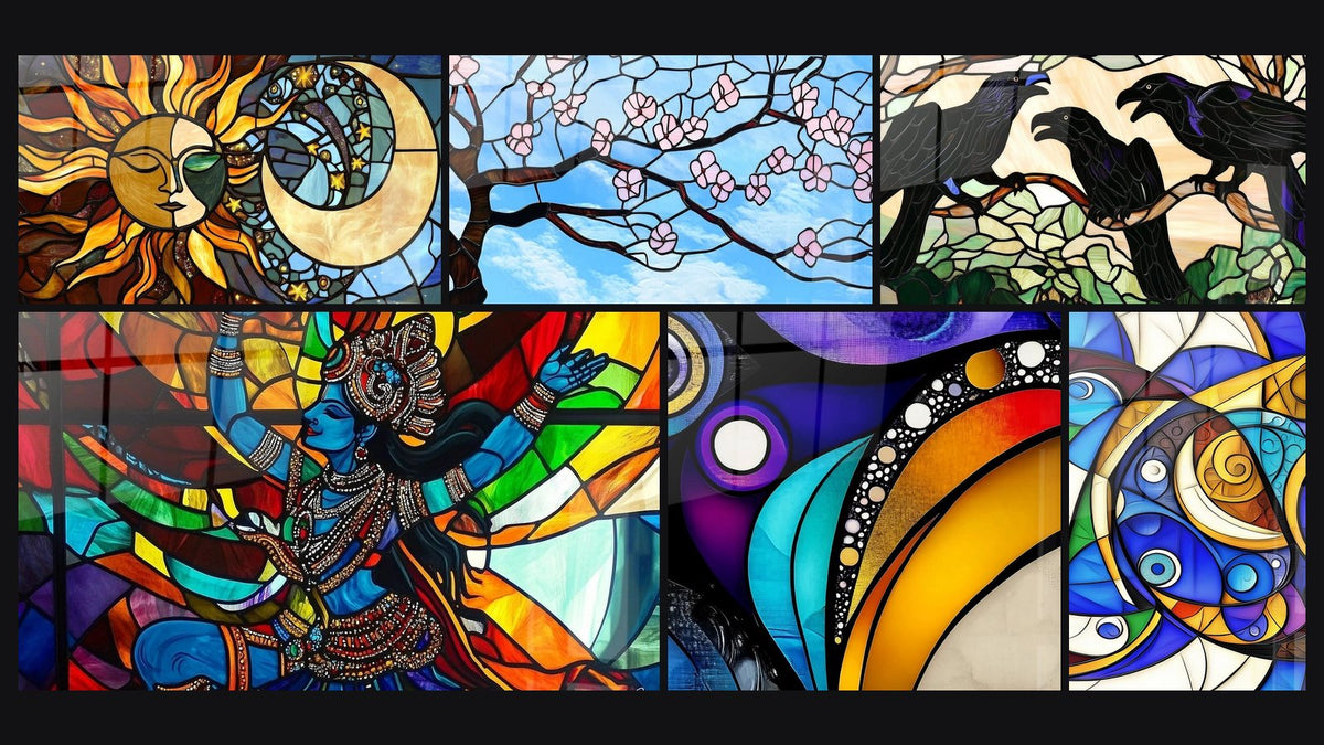 Mosaic of six paintings, including Astral Duality, Spring Blossom and Nataraja Luminous