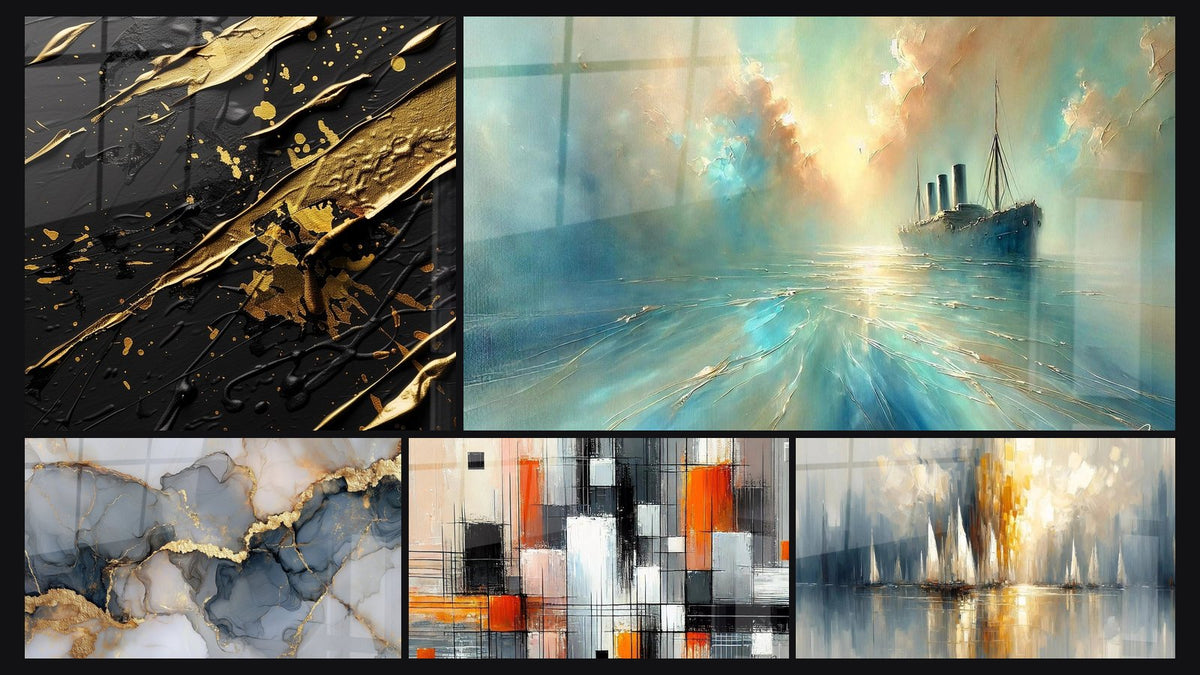Mosaic of five paintings, including With Golden Veins on Blue and Gray Nuances, Heart of the Breeze and Mechanics of Colors
