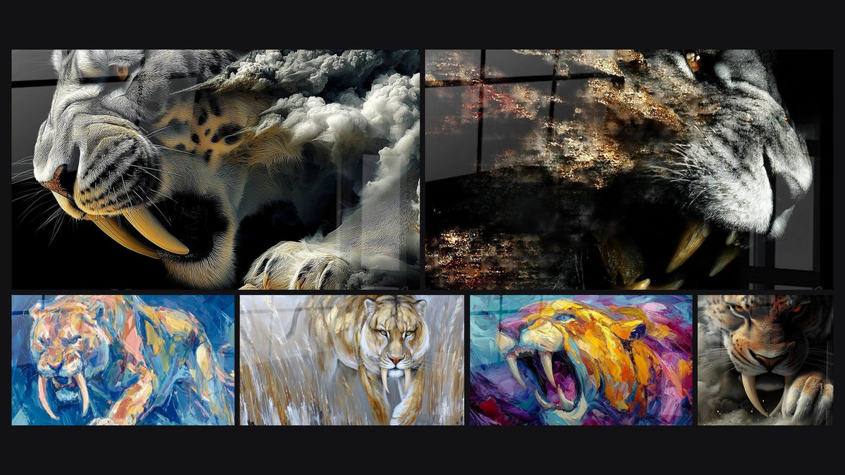 Mosaïque de six tableaux, dont Smilodon rugissant dans la brume et Tigre à dent de sabre peint à l'huile