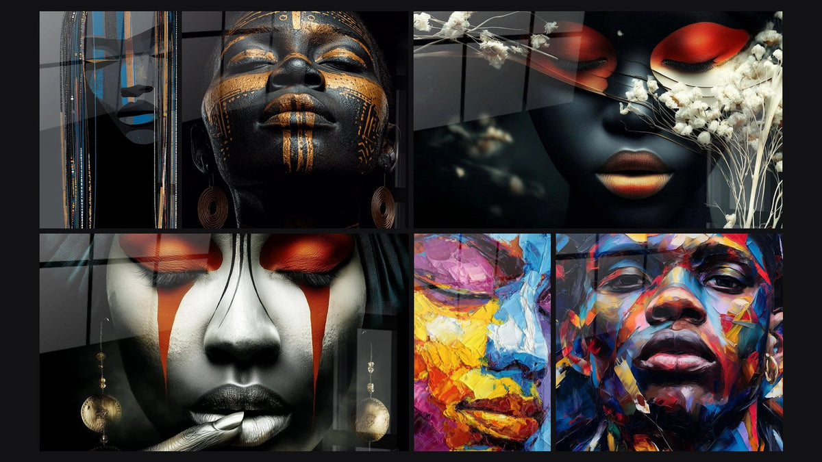 Mosaïque de six tableaux, dont Visage Africain, Visage Africain Tribal et Regard diamant noir