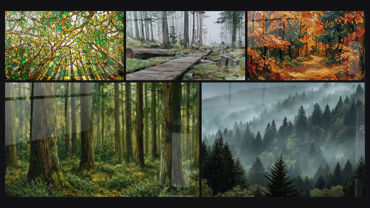 Mosaïque de cinq tableaux, dont Forêt Vitrail, Forêt Vosgienne et Forêt d'Automne