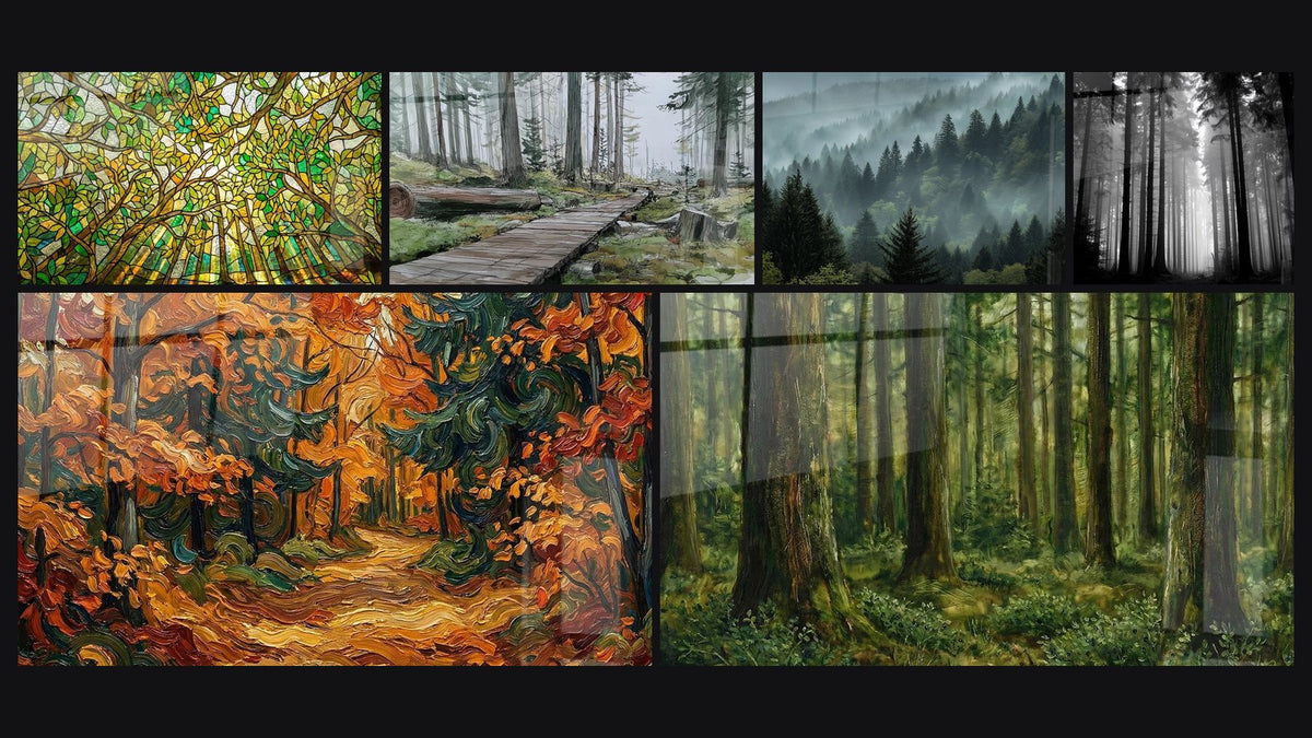 Mosaïque de six tableaux, dont Forêt Vitrail, Forêt d'Automne et Forêt de Conifères