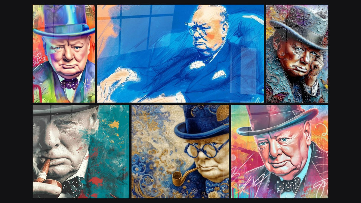 Mosaico de seis cuadros, entre ellos Retrato Emoción Captiva, Retrato Azul Profundo y Retrato Cigarro Filosófico