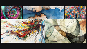 Mosaico de cinco cuadros, entre ellos Espiral psicodélico multicolore, Abstracto azul y beige y Musa Moderna