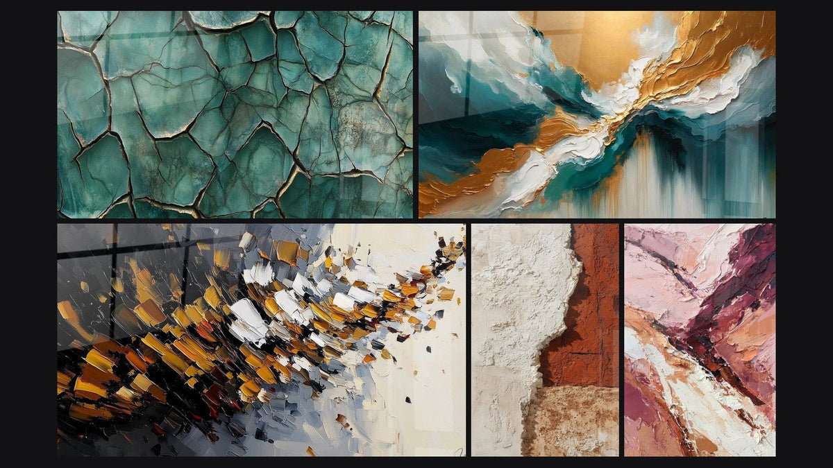 Mosaic of five paintings, including Fractured Earth, Dynamic explosion and Abyss Light Abstract