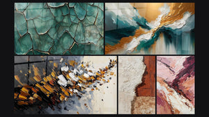Mosaico de cinco cuadros, entre ellos Tierra Fracturada, Explosión dinámica y Luz de las Profundidades