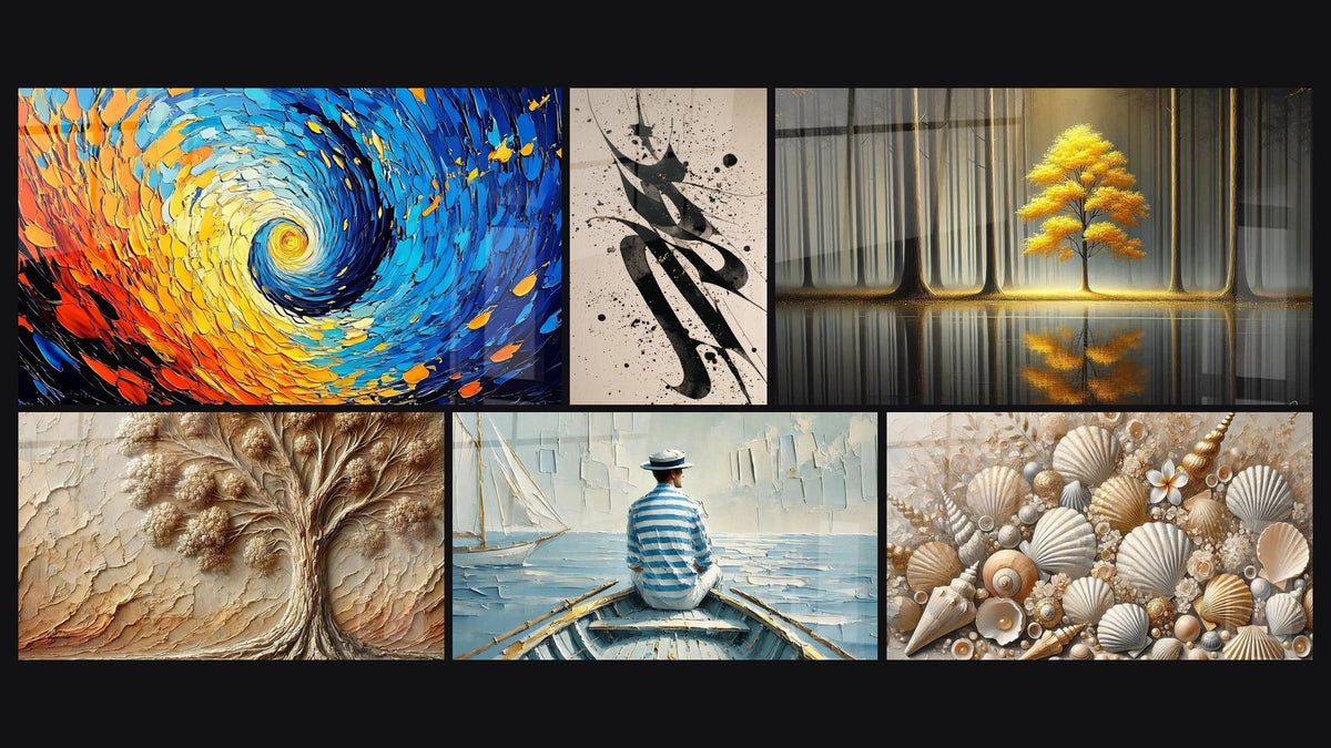Mosaico de seis cuadros, entre ellos Espiral cósmico colorido, Caligrafía abstracta y Árbol del Pasado