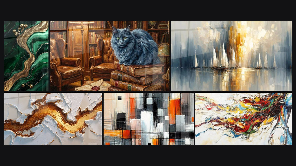Mosaïque de six tableaux, dont Chat Nebelung dans Bibliothèque, Mécanique des couleurs et Aurore sur la Baie