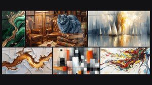 Mosaico de seis cuadros, entre ellos Gato Nebelung en Biblioteca, Mecánica de Colores y Aurora sobre la Bahía