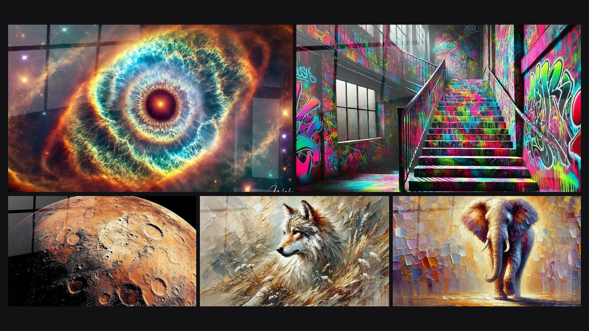 Mosaico de cinco cuadros, entre ellos Iris del Universo, Marte N°1 y Arte callejero N°5
