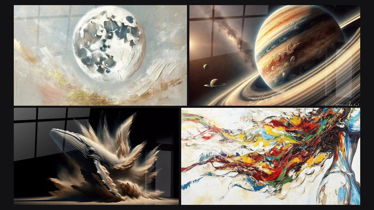 Mosaico de cuatro cuadros, entre ellos La Luna y el Oro, Anillos Eternos y La ballena de Elise