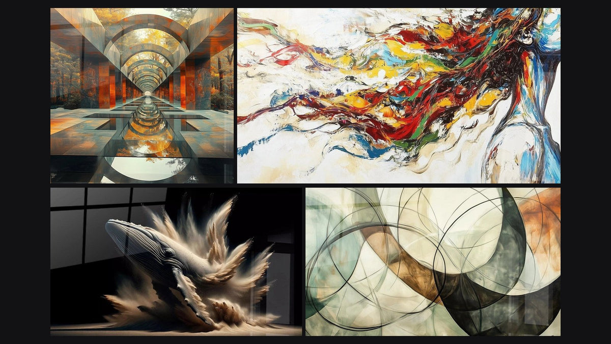 Mosaico de cuatro cuadros, entre ellos Paso Temporal Óxido, La ballena de Elise y Musa Moderna