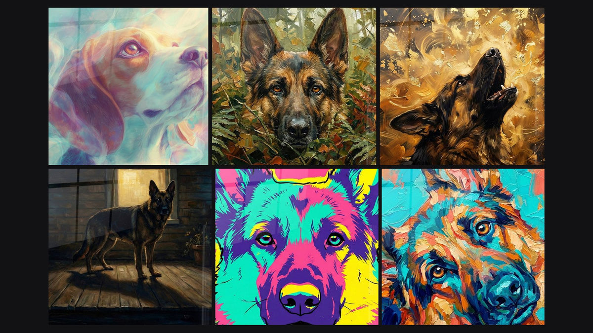 Mosaïque de six tableaux, dont Beagle aux Couleurs Pastel Irisées et Berger Allemand dans Intérieur Chaleureux