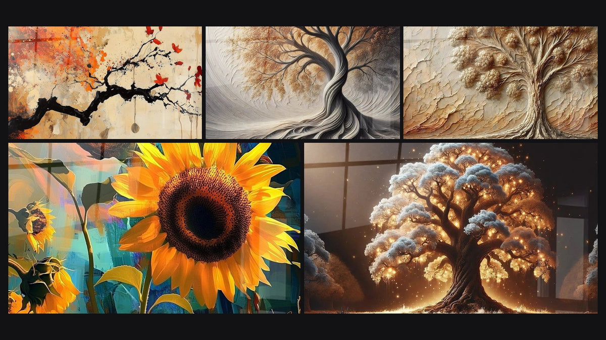 Mosaik aus fünf Gemälden, darunter Sonnenblumen-Bild Nr. 1, Atem der Erde und Baum der Nacht