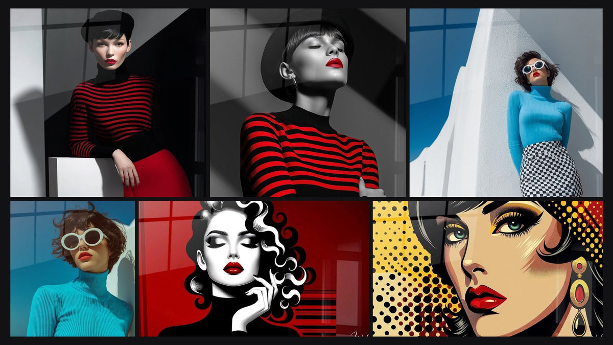 Mosaic of six paintings, including Woman red and black leaning on white cube and Woman with Black Hat and Red Stripes