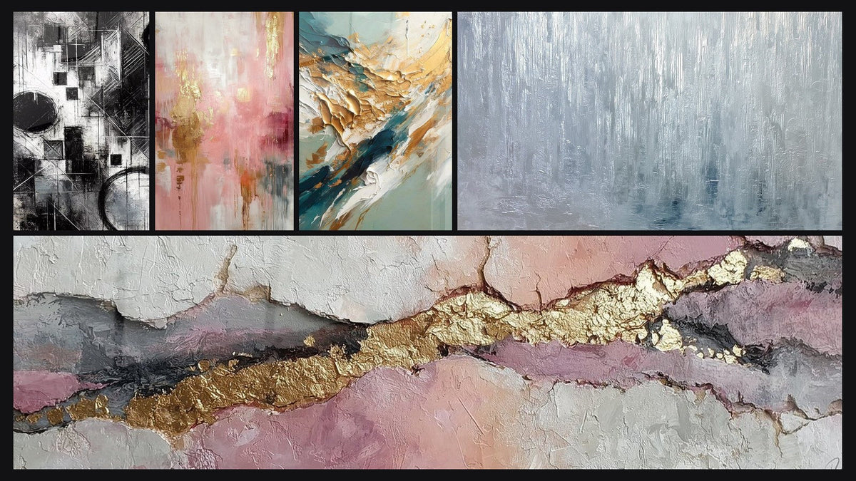 Mosaic of five paintings, including Fragments of Absolute and Golden Flux and Reflux