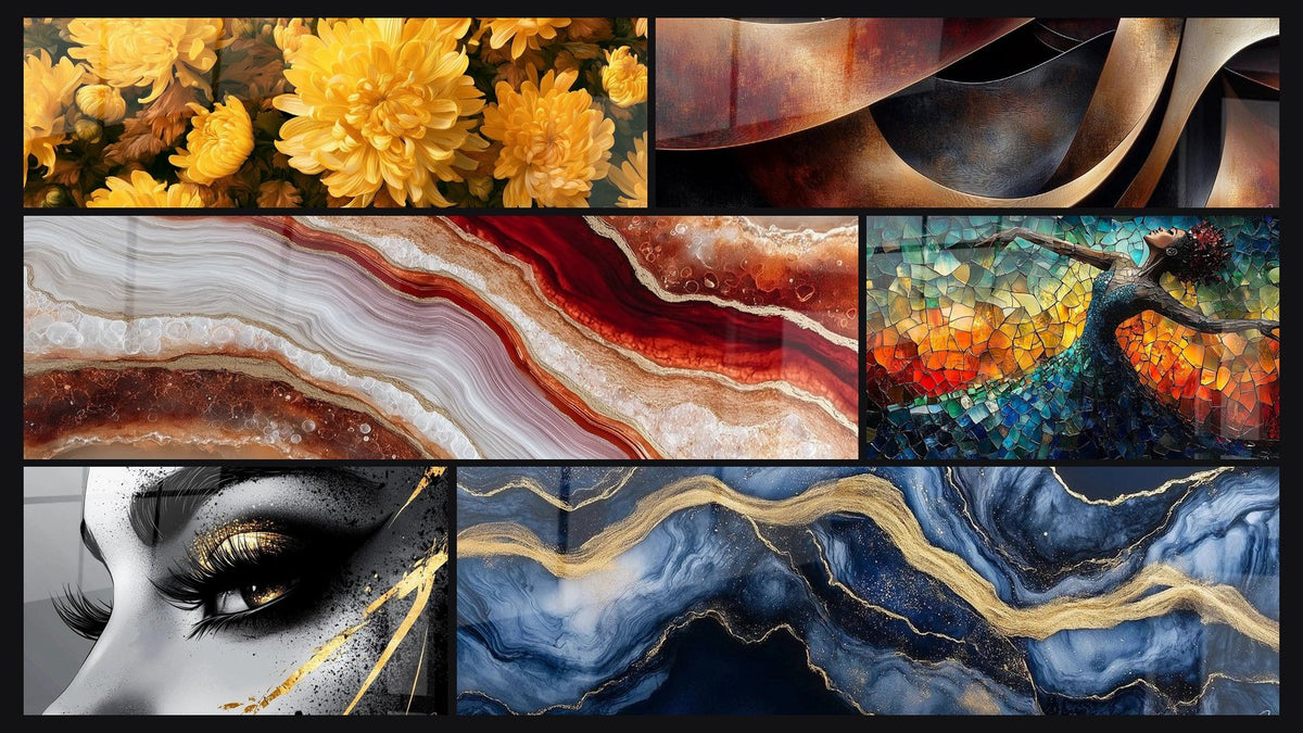Mozaïek van zes schilderijen, waaronder Gouden Traanoog, Vurig Vrije Dans Rood en Vloeibaar Marmer Eeuwigheid Blauw