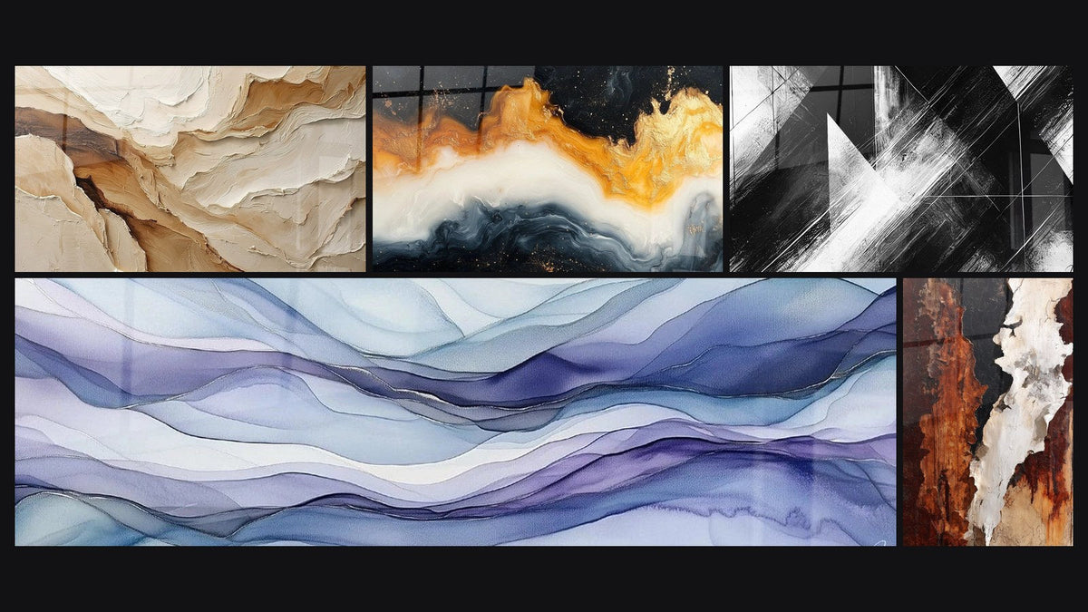Mosaico de cinco cuadros, entre ellos Abstracto Beige y Tierra, Manteles Oníricos Pervenche y Marea Eterna Dorada