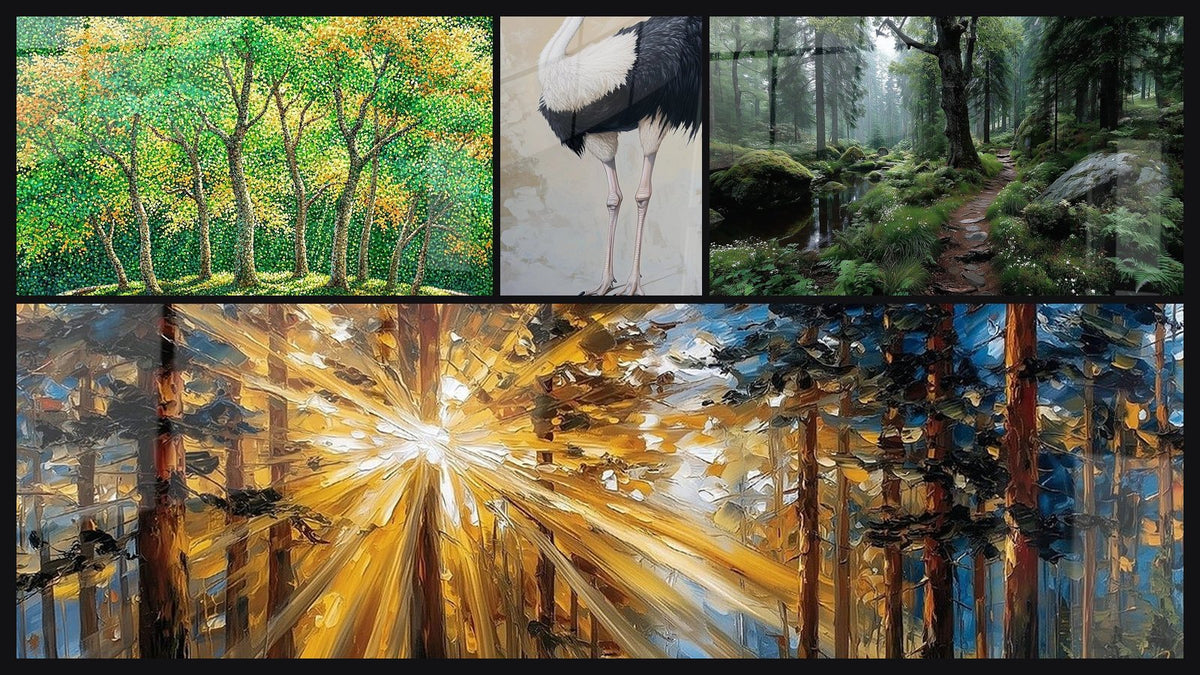 Mosaïque de quatre tableaux, dont Forêt Pointilliste aux Tons Verts et Dorés, Autruche N°1 et Rayons de Soleil en Forêt