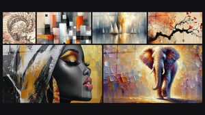 Mosaïque de six tableaux, dont Spirale cosmique florale, Femme africaine et Colosse de Lumière