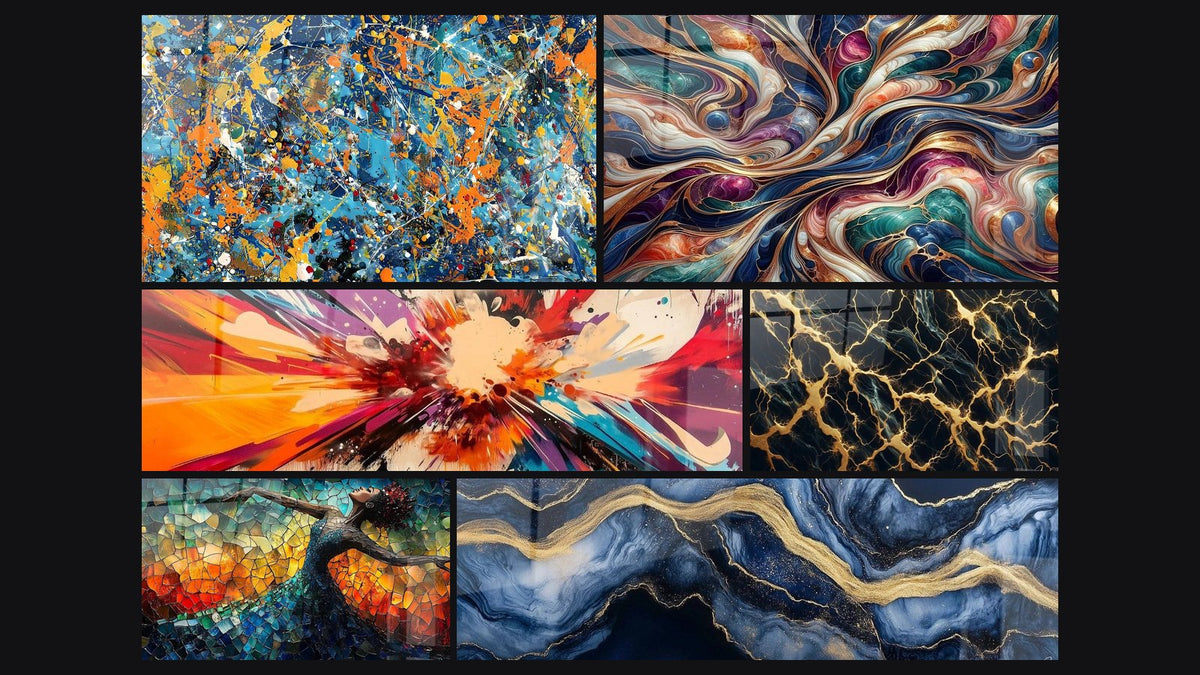 Mosaic of six paintings, including Colorful Splatter, Creative Chaos and Enchanted Cosmos Abstract