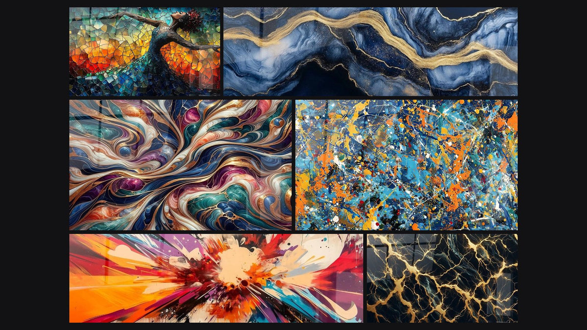 Mosaic of six paintings, including Dance Fire Liberation Red, Liquid Marble Eternity Blue and Enchanted Cosmos Abstract