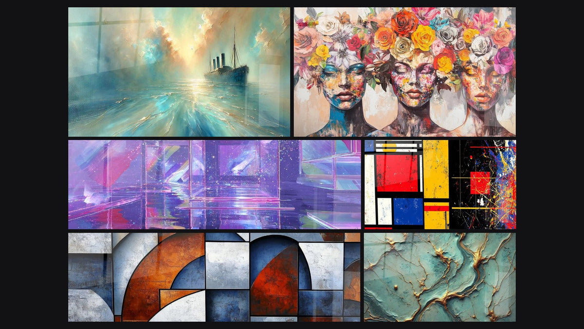 Mosaïque de six tableaux, dont Au Cœur de la Brise, Architecture Holographique et Composition géométrique bicolore