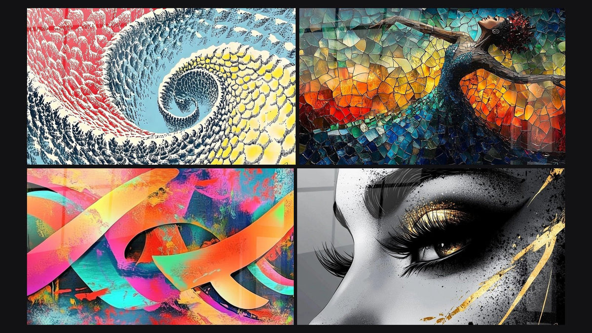 Mosaic of four paintings, including Colorful Spiral, Interlocked Chains and Golden Tear Eye